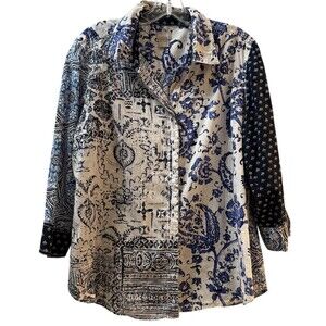 Chicos Button Front Shirt Floral Mixed Print Large (2) 12/14 Blue White Cotton